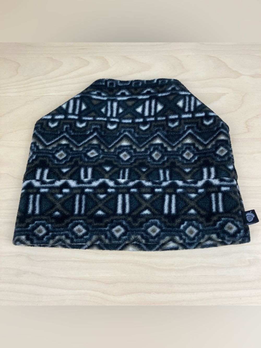 Acorn Fleece Winter Beanie Hat Black Gray Tribal Pattern
